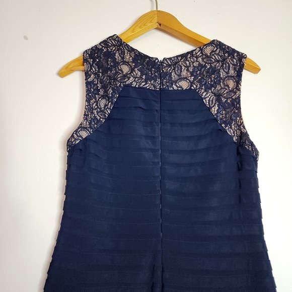 Adriana Papell Women's Size 12 Navy Blue Lace Sheath Dress Shutter Pleated - Picture 5 of 10
